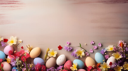 Ester still life colourful flowers and easter eggs on beige background. - obrazy, fototapety, plakaty