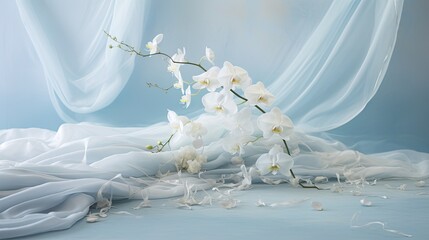 Ethereal blue silk layered delicately with white orchids and baby's breath flowers. 