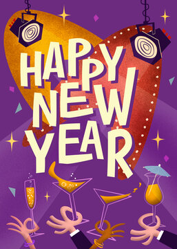 Colorful Happy New Year design with hands holding drinks and shining spotlights. Mid century modern design illustration.
