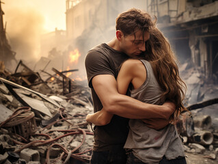 casal abraçado se reencontrando em meio a destroços de guerra