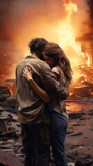 casal abraçado se reencontrando em meio a destroços de guerra - obrazy, fototapety, plakaty