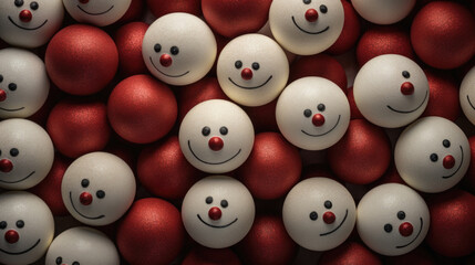 White and red smiley face on red and white balls background.