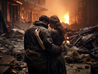 casal abraçado se reencontrando em meio a destroços de guerra