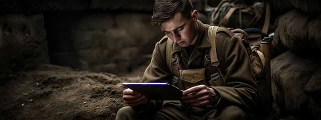 Soldier man working on a tablet while at war. Generative AI