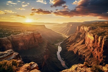 AI-generated illustration of the breathtaking canyon illuminated by a beautiful sunset - obrazy, fototapety, plakaty