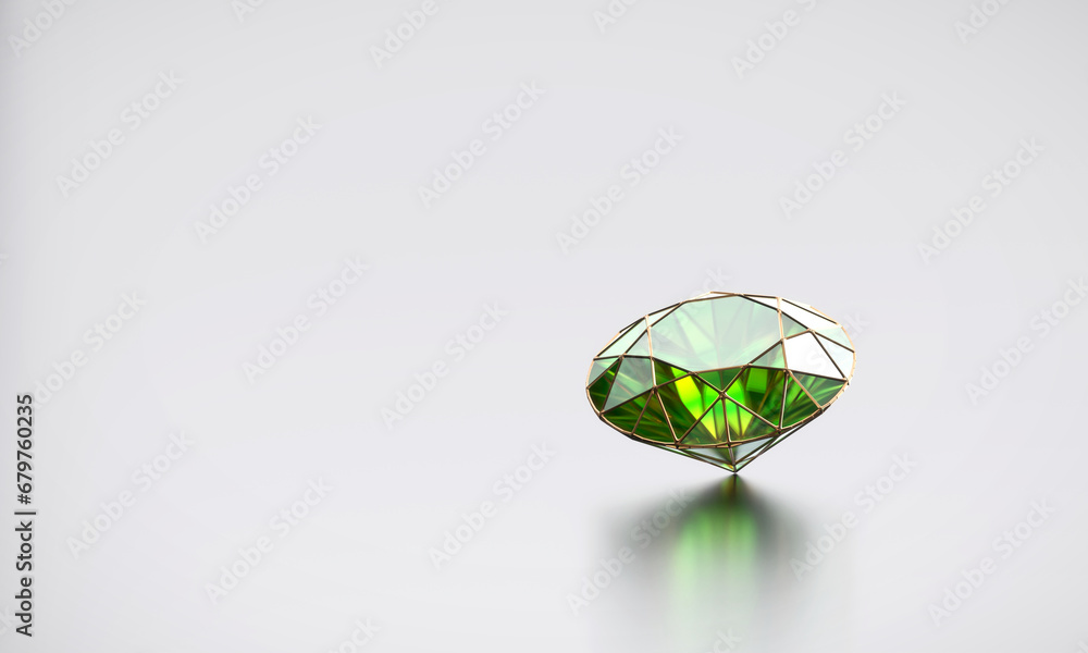 Poster green emerald isolated on glossy background 3d rendering