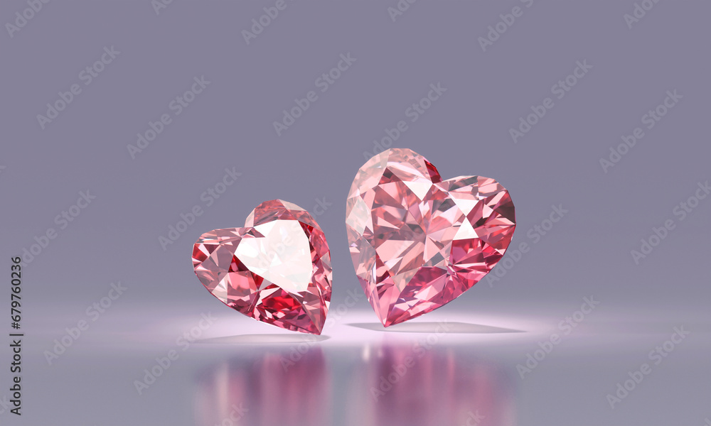 Poster abstract pink heart shape diamond gem placed on glossy background 3d rendering