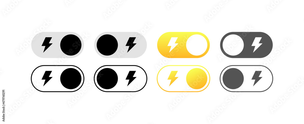 Poster slider with lightning icon. different styles, electricity on/off buttons, slider with lightning. vec