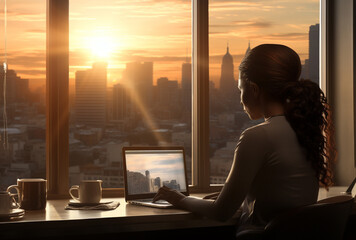 Graceful silhouette of a young businesswoman immersed in her work, illuminated by the soft hues of a sunset beside a window. Generative AI.