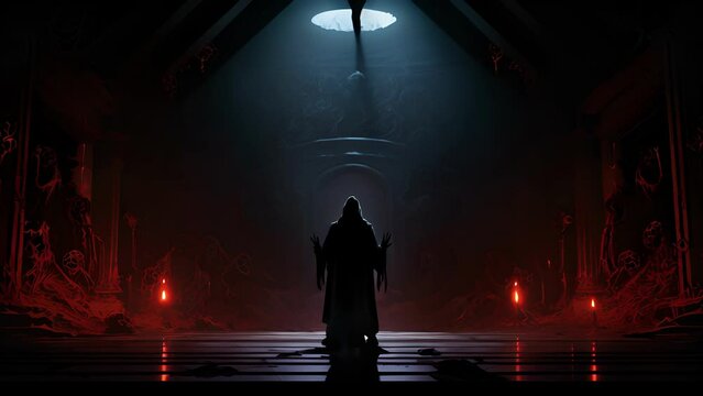 Glowing arcane symbols line the walls of a dark chamber and the air is filled with a heady scent of death and decay. A hooded figure stands atop a marble dais their hands raised and