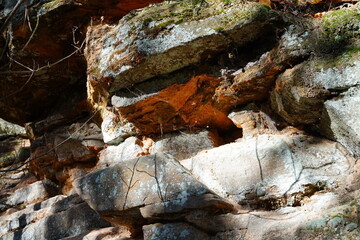 Tall rock stone formations sit in a forest for rock climbing.