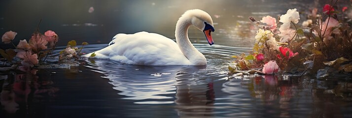 White swans swimming in lake. Fairy tale landscape with elegant bird and blooming flowers. Spring background for greeting card, banner, wallpaper with copy space - obrazy, fototapety, plakaty