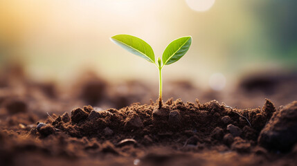 Fototapeta premium A green plant growing in good soil. Young sprouts, seedlings grow.Generative AI