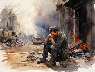 homem emocionado chorando nos destroços da guerra  - obrazy, fototapety, plakaty