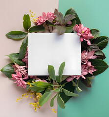 White paper surrounded by flowers. Womens day. Flat lay, top view, copy space.