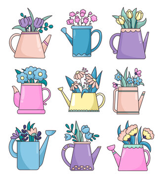 Spring beautiful flowers with leaves in watering can. Garden springtime. Hand drawn style. Vector drawing. Collection of design elements.