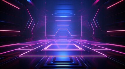 3d technology abstract neon light background, empty space scene, spotlight, dark night, virtual reality, cyber futuristic sci-fi background, street floor studio for mock up. colored geometric.