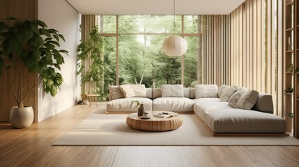 Wellness-focused interior design. modern home interior with biophilic design elements plants, sustainable bamboo flooring, ergonomic furnishings, neutral color, tranquility and mindful living