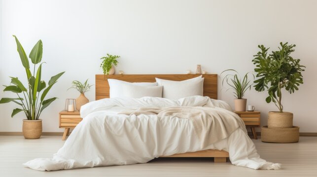 Wellness-focused interior design. minimalist bedroom with crisp white linens, abundant natural light, and a variety of potted plants to emphasize a restful and clean atmosphere
