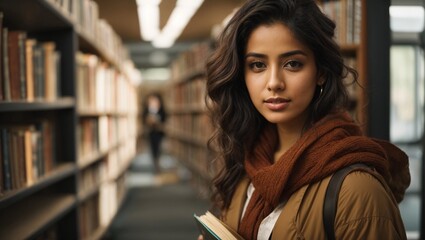 Portrait of a young arabian student woman holding books in a library