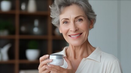 senior beautiful woman smile use cream for good skin. face of a healthy woman apply cream and makeup. Advertisement for skin cream, anti-wrinkle, baby face, whitening, moisturizer, tighten pores