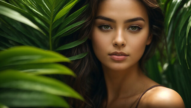 Beautiful young woman with healthy skin, palm leaves and green plants. The concept of skin care and how to get radiant and healthy skin