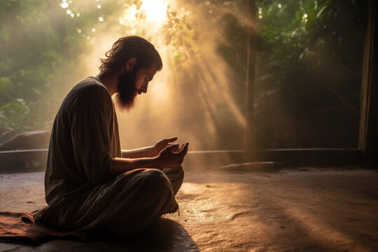 Grateful man praying to God in the morning
