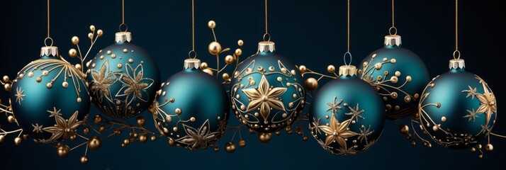 Christmas tree balls and snowflakes on green blue background, winter holidays design, banner