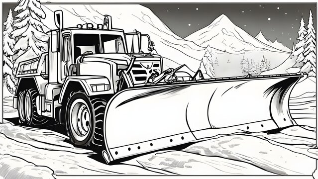 truck in the snow  A black and white coloring book page with a snow plough on a plain background.  