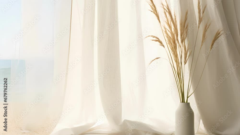 Aufkleber a beachinspired boho background with a flowing white linen curtain fluttering in front of an open wi