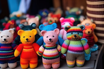 collection of handmade toys. knitted goods, felted wool and cotton stitched animals. - obrazy, fototapety, plakaty