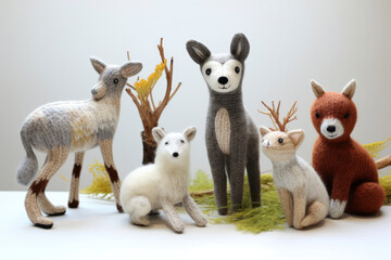 Fototapeta premium collection of handmade toys. knitted goods, felted wool and cotton stitched animals.