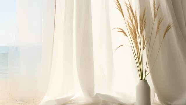 A beachinspired boho background with a flowing white linen curtain fluttering in front of an open window. The sunlight casts intricate and delicate shadows on a woven seagrass rug, enhancing