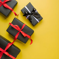 Black gift boxes on yellow background. Top view, Flat lay and copy space.