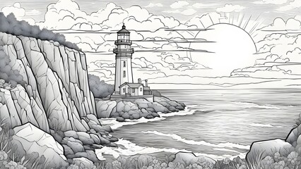 Fototapeta premium the river in the mountains _black and white, coloring book page, A lighthouse on a cliff, overlooking the sea 
