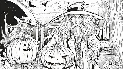 illustration of a halloween background _black and white, coloring book page, a black and white illustration of witch in a Halloween themed setting, with the warlock holding a broom and a pumpkin,  