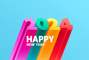 Happy New Year 2024. Modern colorful lettering design. 3D color numbers on blue background. Greeting banner design.