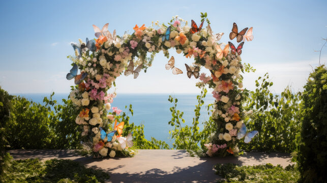 Semicircular ceremonial arch made of flowers for the wedding ceremony of the bride and groom, oath, decorated with butterflies against the backdrop of the nature of the park