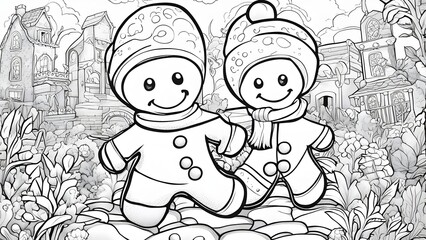 Fototapeta na wymiar coloring book with gingerbread kids black and white, coloring book page, gingerbread man