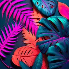 Creative fluorescent color tropical leaves.	