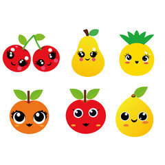 Fruits with kawaii eyes. Flat design vector illustration of fruits 
on white background.