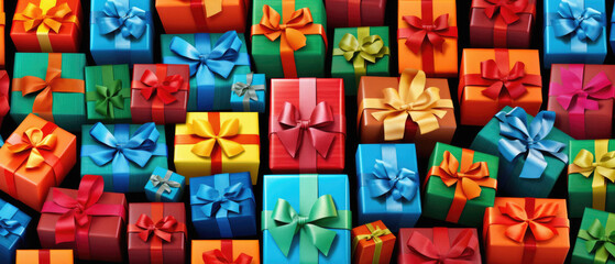 Colorful gift boxes with bows on black background.