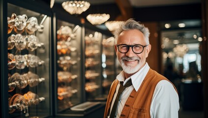 A Stylish Man in Front of a Diverse Array of Eyeglasses - obrazy, fototapety, plakaty