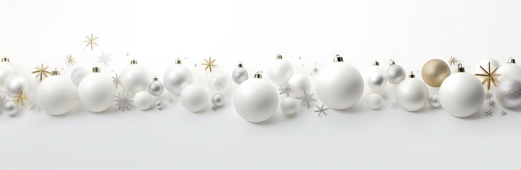 Silver and gold Christmas balls on white background with stars and sparkles. New year decoration, festive atmosphere concept. Banner with copy space
