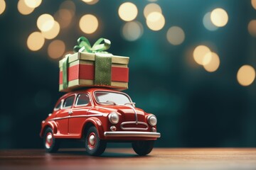 Retro red toy car with gift box on blurred background with festive golden lights. Christmas and a Happy New Year concept. Winter holidays card, banner, backdrop with copy space