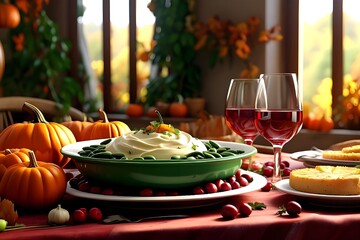 Happy thanksgiving concept thanksgiving day celebration dinner setting with traditional meal and food green beans mashed potatoes cranberry sauce pumpkin soup autumn fruits vegetables
