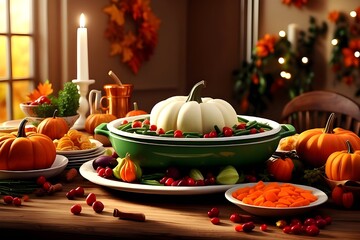 Happy thanksgiving concept thanksgiving day celebration dinner setting with traditional meal and food green beans mashed potatoes cranberry sauce pumpkin soup autumn fruits vegetables
