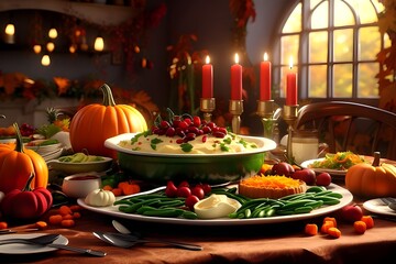 Happy  concept  celebration dinner setting with traditional meal and food green beans mashed potatoes cranberry sauce pumpkin soup autumn fruits vegetables
