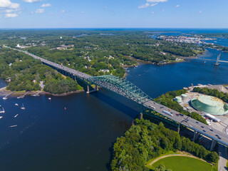 Piscataqua River Bridge aerial view that carring Interstate Highway 95 across Piscataqua River connecting Portsmouth, New Hampshire with Kittery, Maine, USA. 