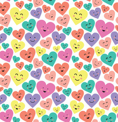 Colorful seamless pattern with kawaii hearts. Vector cute  background